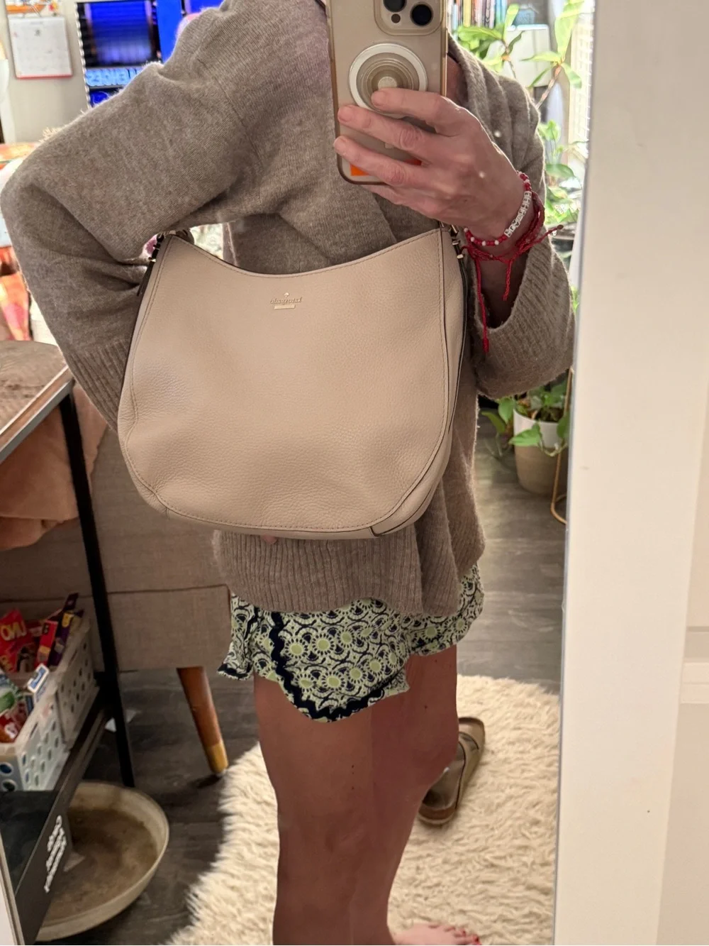 kate spade Pebbled Leather Hobo Shoulder Bag in Light Beige with Gold Hardware